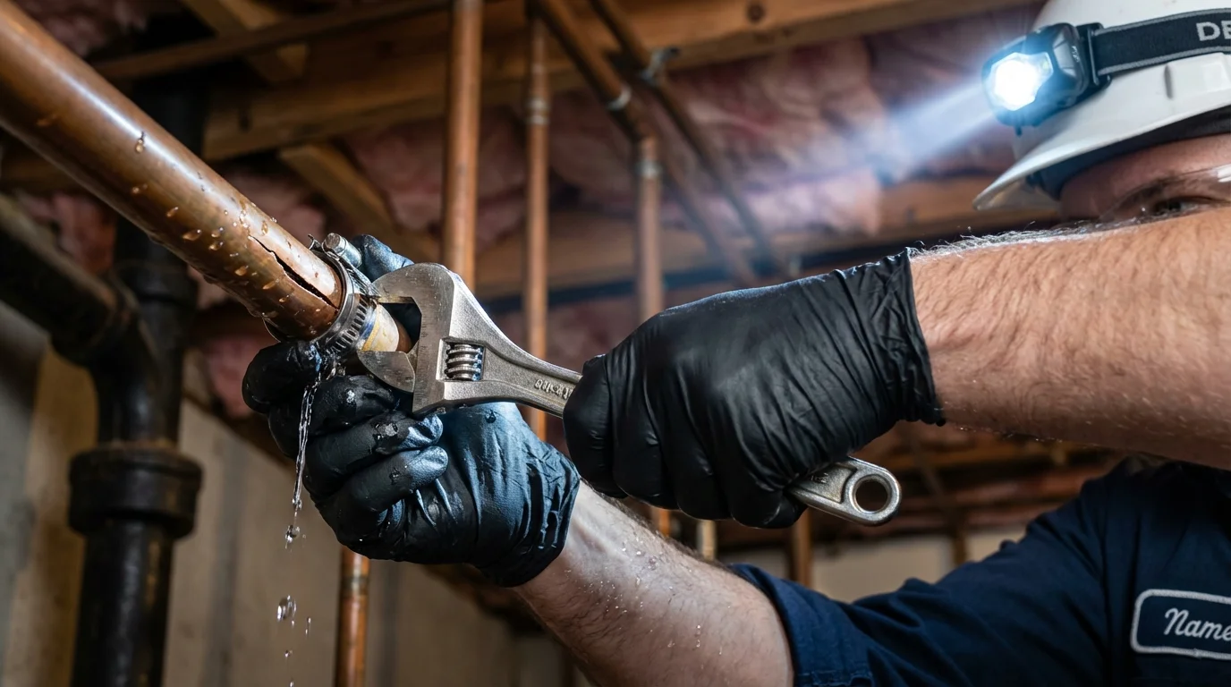 Emergency pipe clamp repair being performed by a Johns Plumbing LLC plumber in Ruidoso