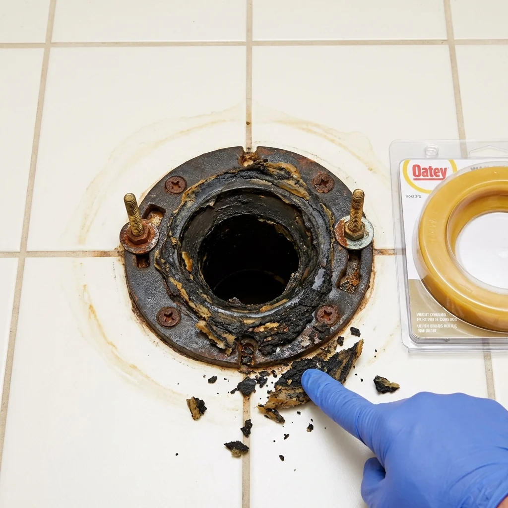 Failed wax ring showing water seepage at the base of a toilet in a Ruidoso, NM home