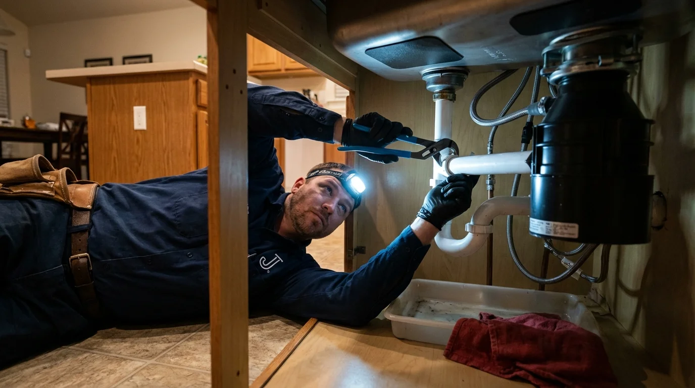 P-trap and supply line connections under a kitchen sink showing a common leak point in Ruidoso, NM